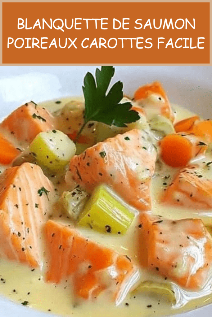 Blanquette de saumon crémeuse avec poireaux, carottes, sauce blanche citronnée et persil frais, servie chaude dans une assiette.
