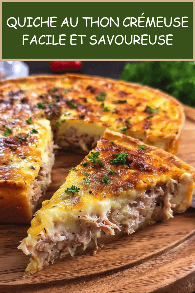 Quiche au thon crémeuse et dorée, garnie de thon émietté, fromage râpé, persil frais et pâte brisée croustillante.