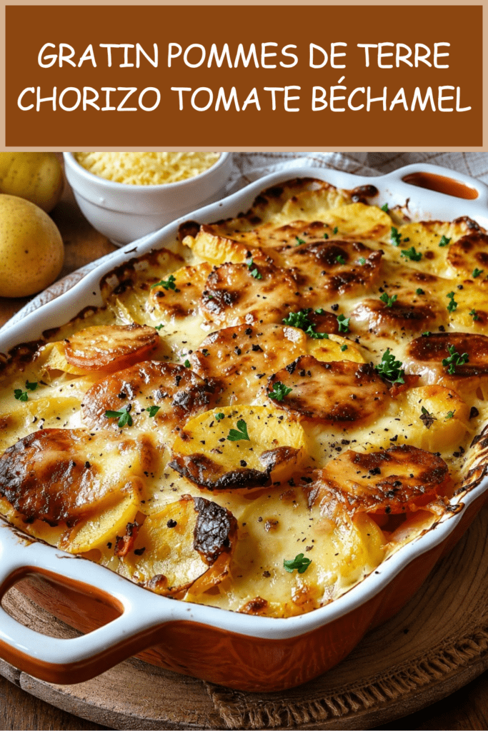 Gratin de pommes de terre au chorizo, tomates en dés, béchamel crémeuse et gruyère râpé doré dans un plat familial servi chaud.