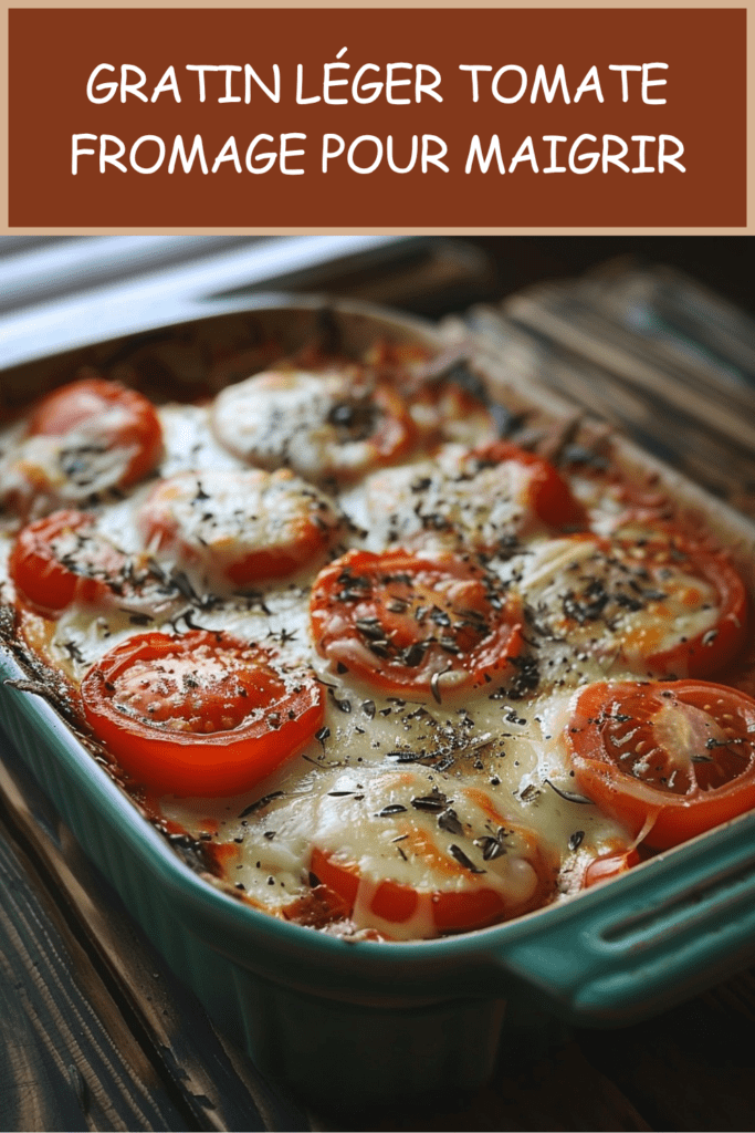 Gratin léger de tomates mûres avec mozzarella allégée fondue, oignon, ail et herbes de Provence dans un plat doré au four.