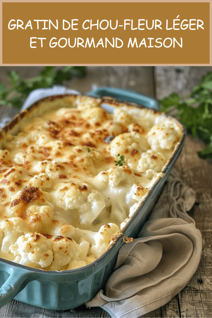 Gratin de chou-fleur léger avec sauce crémeuse sans beurre, fromage râpé doré, muscade et chou-fleur fondant dans un plat au four.