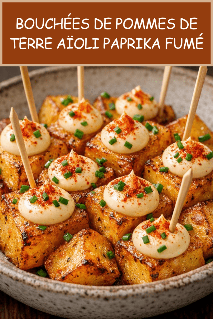 Bouchées de pommes de terre dorées au four avec paprika fumé, aïoli léger au citron, ail râpé et ciboulette fraîche ciselée.