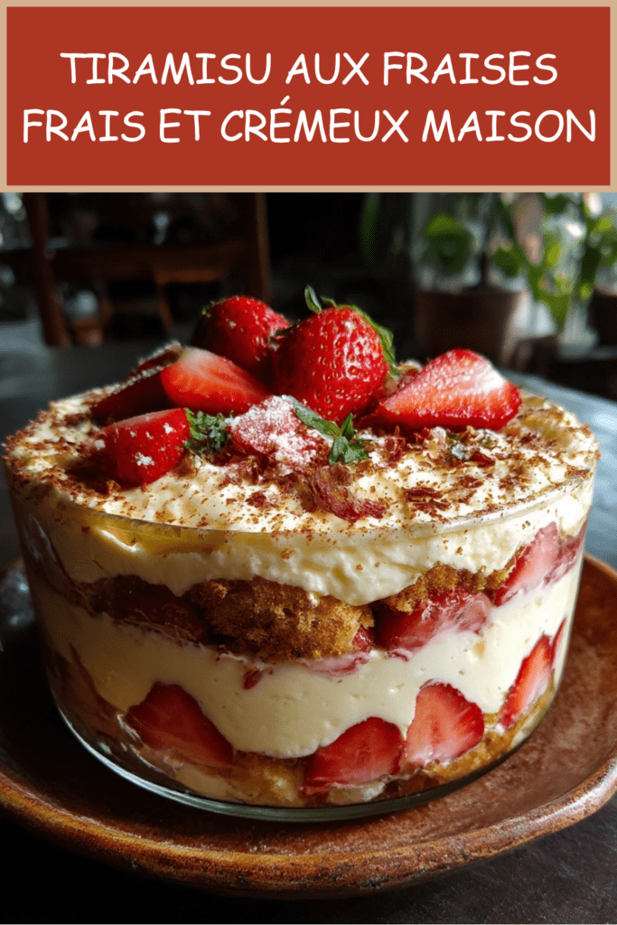 Tiramisu aux fraises maison avec crème mascarpone onctueuse, biscuits à la cuillère imbibés de jus de fraises et décoration de menthe fraîche.