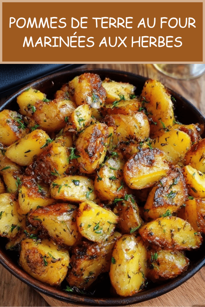 Pommes de terre grenailles dorées au four, marinées à l’huile d’olive, ail, thym, romarin et persil frais, servies bien croustillantes.