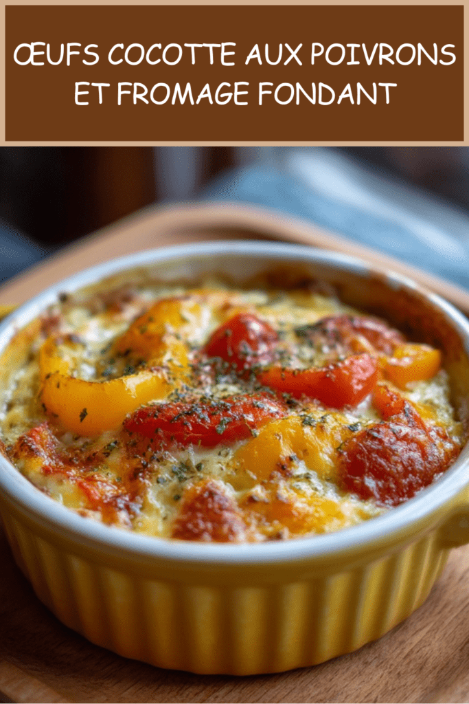 Œufs cocotte aux poivrons rouges et jaunes, crème fraîche, fromage râpé fondu et herbes fraîches servis dans des ramequins.