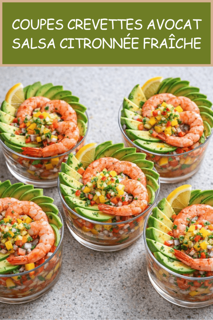 Coupes apéritives transparentes garnies de crevettes, avocat en dés, salsa de tomate, concombre, citron vert et coriandre fraîche.