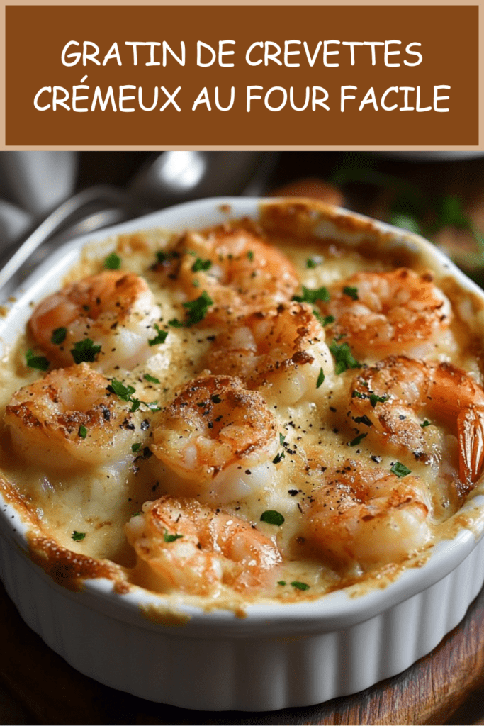 Gratin de crevettes crémeux au four servi dans un plat doré, avec une sauce onctueuse, du fromage gratiné et du persil frais.