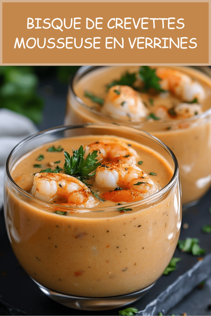 Verrines de bisque de crevettes mousseuse servies dans de petits verres transparents, décorées de crevettes, ciboulette et mousse crémeuse.