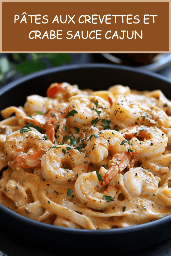Assiette de pâtes aux crevettes et au crabe nappées d’une sauce cajun crémeuse au parmesan, garnies d’herbes fraîches et de citron.