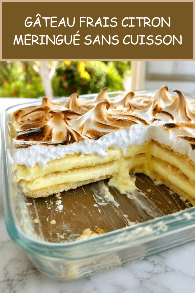 Gâteau frais citron meringué sans cuisson présenté en parts généreuses, avec couches de biscuits fondants, crème au citron et meringue dorée.