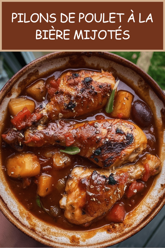 Pilons de poulet à la bière mijotés dans une cocotte avec pommes de terre, tomates, poivron rouge, olives noires et sauce parfumée.