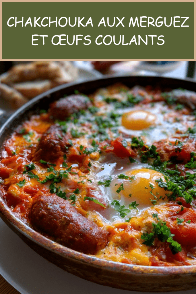 Chakchouka aux merguez et œufs coulants servie dans une poêle, avec sauce tomate épicée, poivron rouge et herbes fraîches.