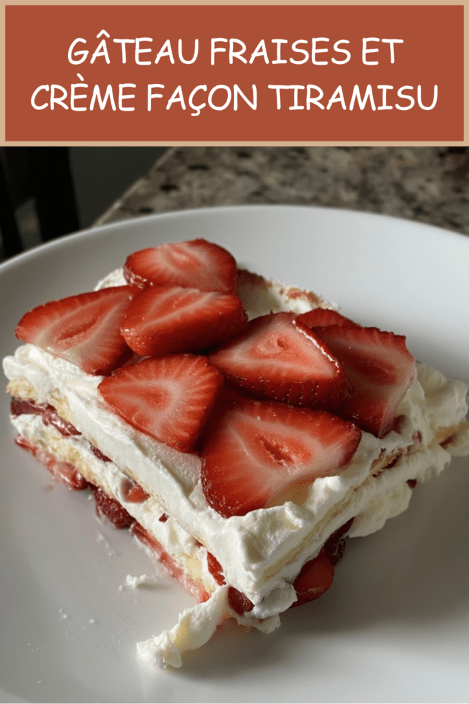 Gâteau fraises et crème façon tiramisu présenté en parts, avec biscuits imbibés, crème mascarpone légère et fraises fraîches en décoration.