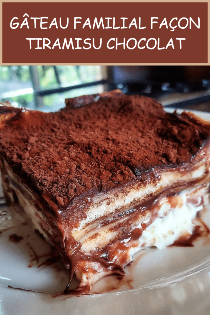 Gâteau familial façon tiramisu chocolat servi dans un grand plat, avec couches de biscuits fondants, crème mascarpone, ganache brillante et cacao amer.