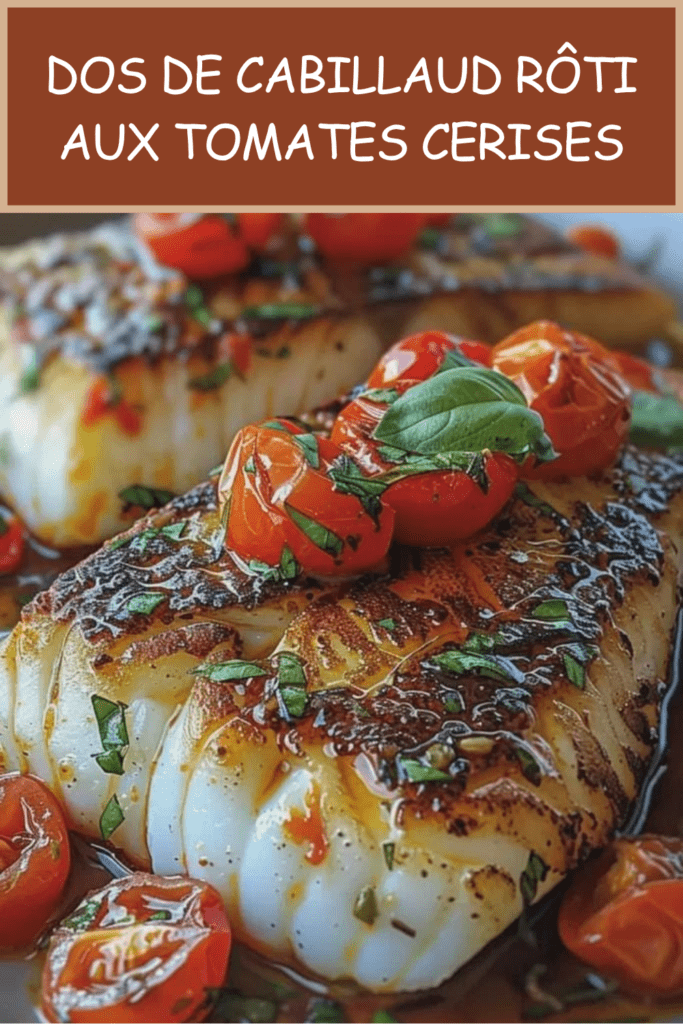 Dos de cabillaud rôti servi avec des tomates cerises fondantes, une sauce à l’huile d’olive, de l’ail, du citron et du basilic frais.