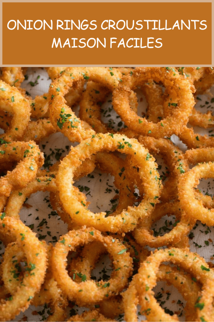 Onion rings croustillants maison servis chauds avec une panure dorée, du persil frais et une sauce crémeuse au ketchup et paprika.