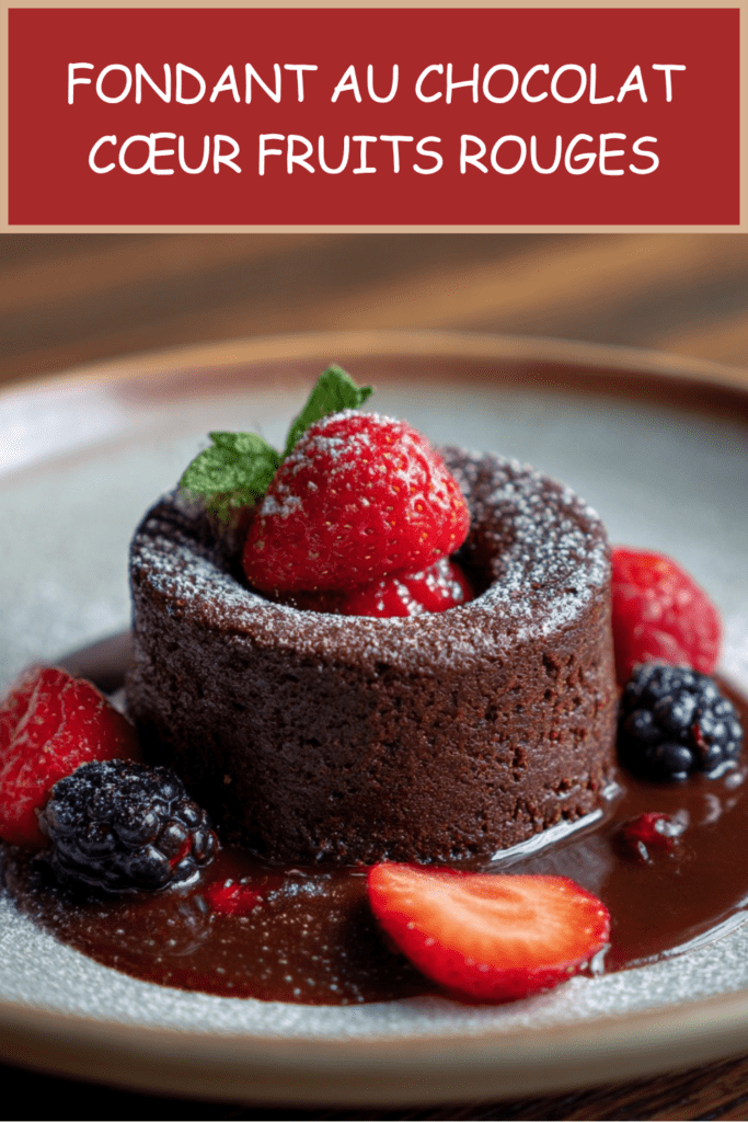 Fondant au chocolat individuel au cœur coulant de fruits rouges, servi avec fraises fraîches, framboises, sucre glace et menthe.