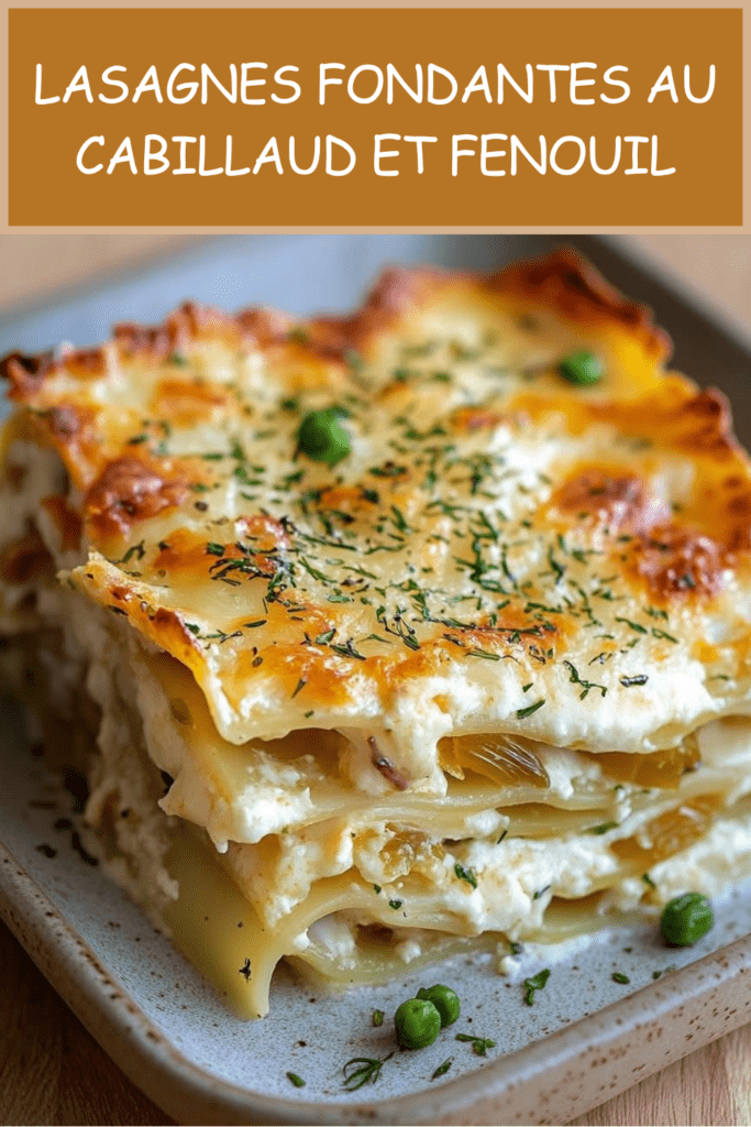 Lasagnes fondantes au cabillaud, fenouil braisé et citron confit servies dans un plat gratiné avec parmesan doré, aneth et petits pois.