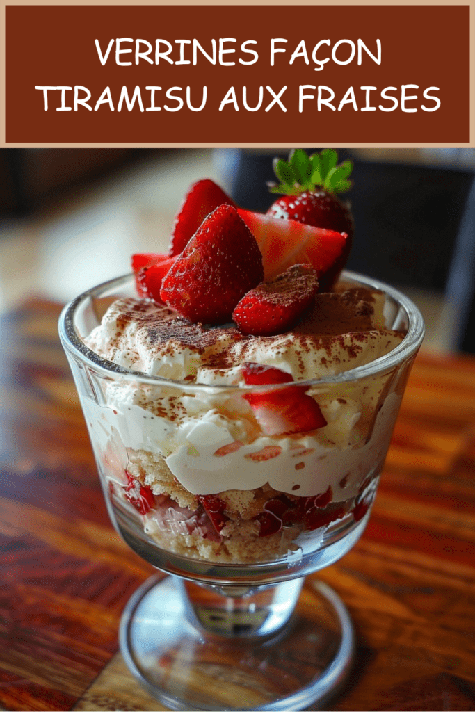 Verrines façon tiramisu aux fraises servies dans des verres transparents, avec crème mascarpone, biscuits imbibés, fraises fraîches et cacao.
