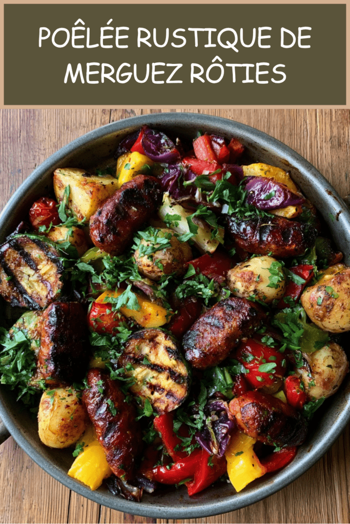 Poêlée rustique de merguez rôties servie avec pommes de terre dorées, courgette, poivrons rouges et jaunes, tomates cerises et persil frais.