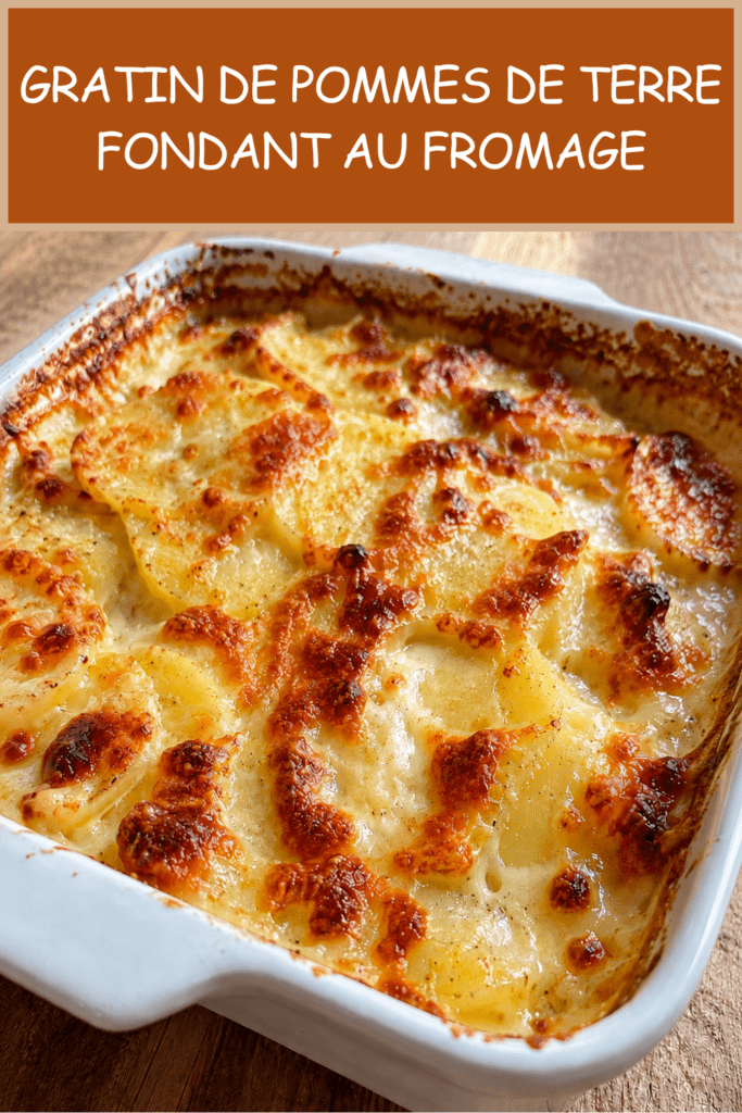 Gratin de pommes de terre fondant au fromage dans un plat familial, bien doré sur le dessus, avec une texture crémeuse et des pommes de terre tendres nappées de fromage fondu.