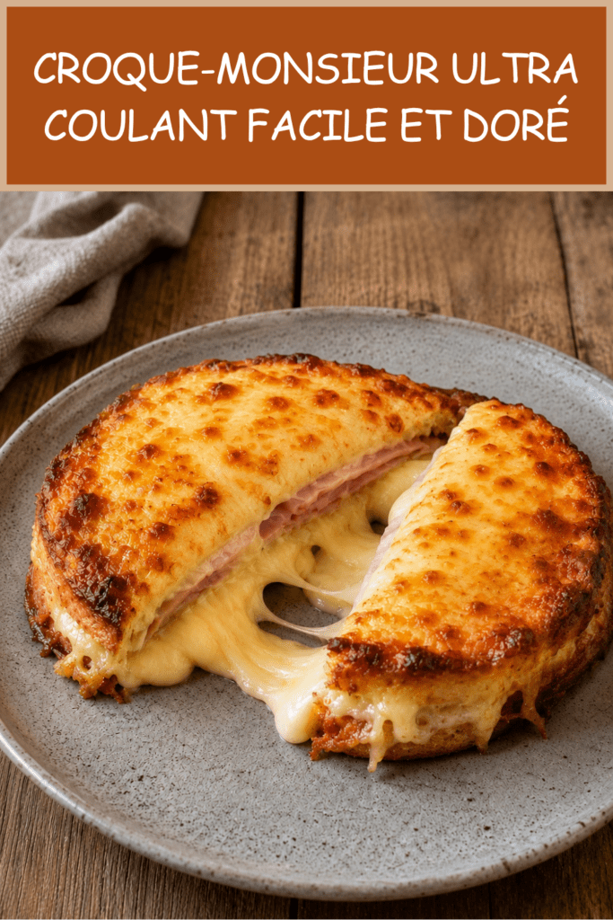 Croque-monsieur ultra coulant coupé en deux, avec du fromage fondu qui s’étire, du pain de mie doré au four, du jambon et une garniture crémeuse au fromage.