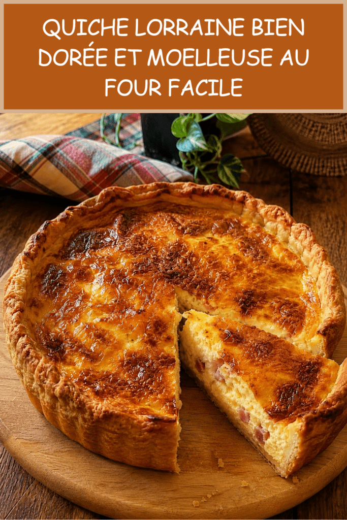 Quiche Lorraine bien dorée servie dans un moule à tarte, avec une pâte brisée croustillante, une garniture moelleuse aux œufs, crème fraîche et lardons, accompagnée d’une salade verte.