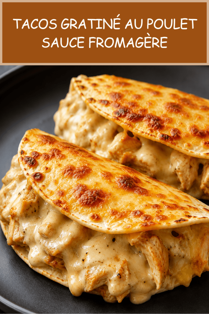 Tacos gratiné au poulet avec sauce fromagère crémeuse, tortillas dorées au four, fromage râpé gratiné et garniture fondante.
