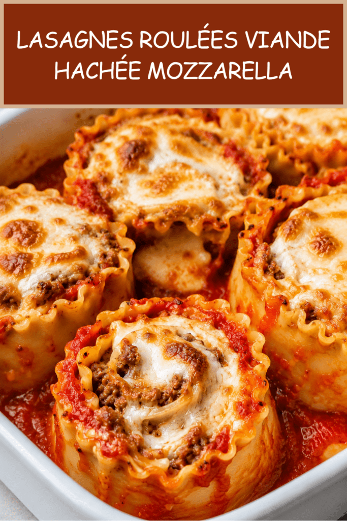 Lasagnes roulées à la viande hachée et mozzarella, gratinées au four avec sauce tomate, fromage fondant et herbes italiennes.
