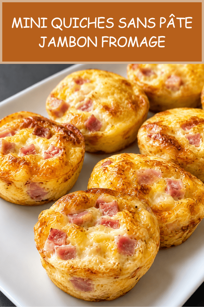 Mini quiches sans pâte au jambon et fromage, dorées dans des moules à muffins, avec une texture moelleuse et une garniture fondante.