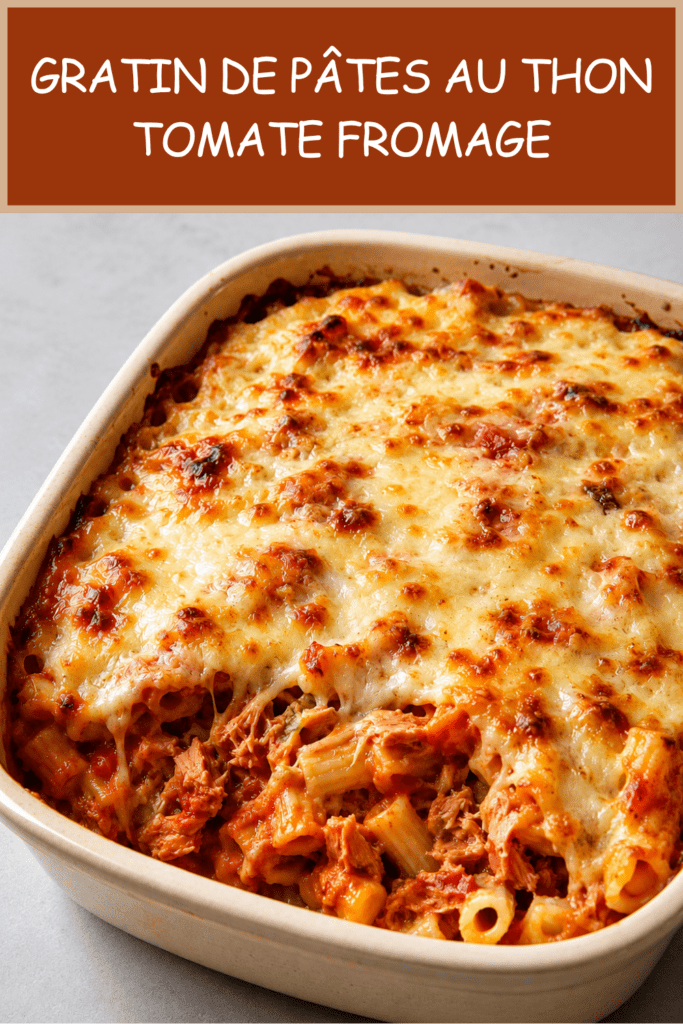 Gratin de pâtes au thon, sauce tomate et fromage râpé, bien doré au four dans un plat familial, avec une texture fondante et gratinée.