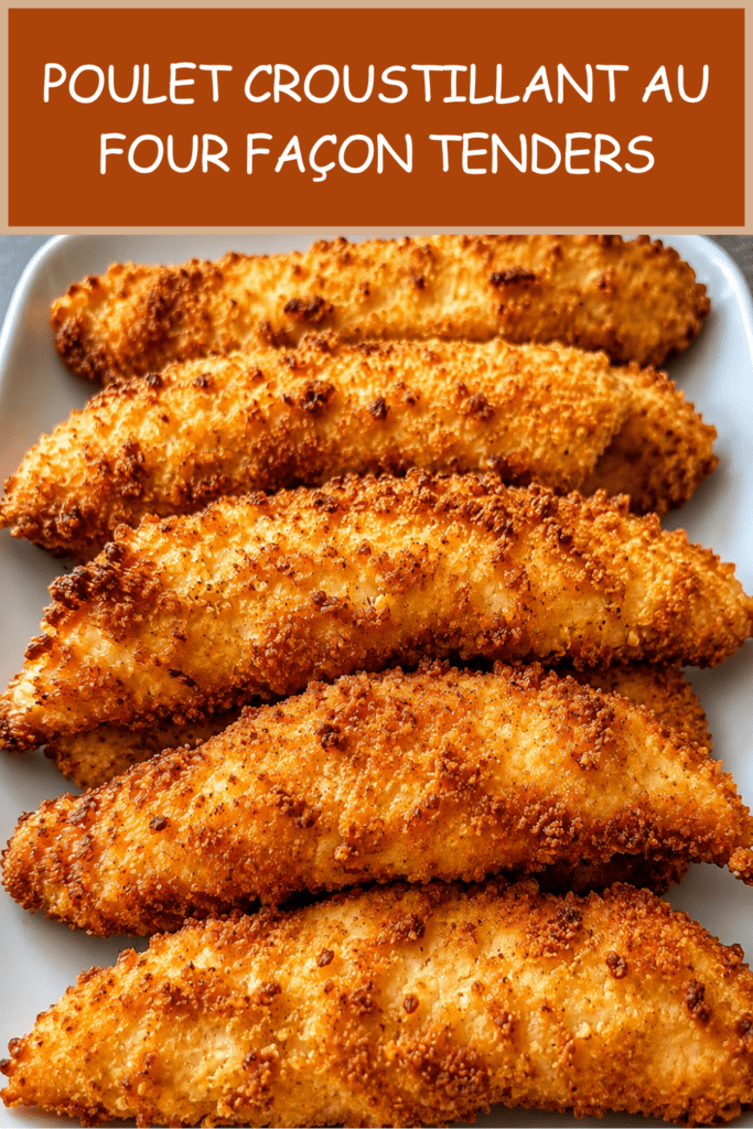 Poulet croustillant au four façon tenders, morceaux dorés et panés, servis chauds avec une texture croquante à l’extérieur et tendre à l’intérieur.
