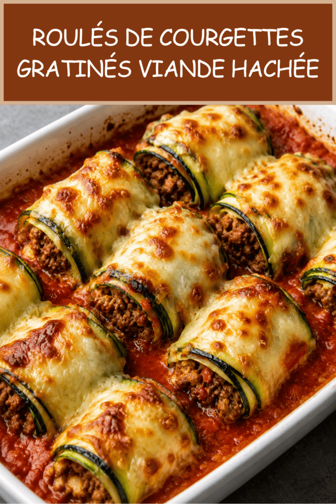 Roulés de courgettes gratinés à la viande hachée, nappés de sauce tomate et de mozzarella fondue, servis dans un plat familial doré au four.
