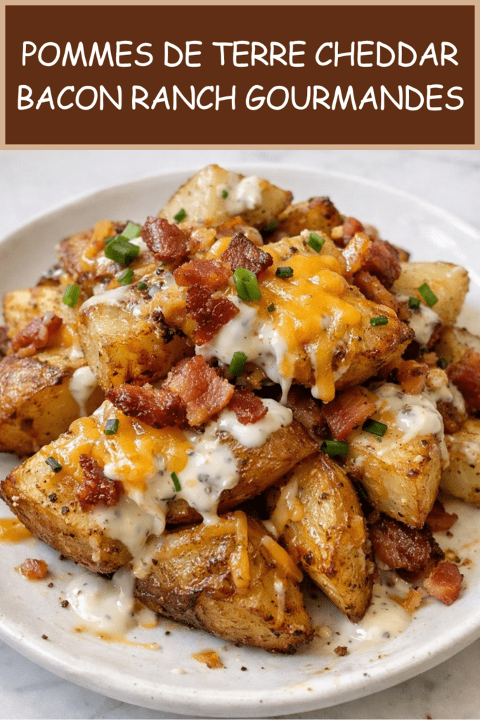 Pommes de terre rôties au cheddar fondu, bacon croustillant et sauce ranch avec ciboulette fraîche servies chaudes