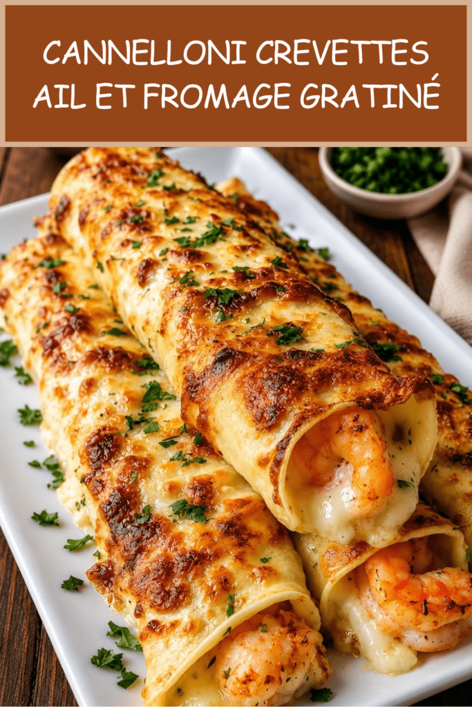 Cannelloni gratinés aux crevettes avec sauce crémeuse à l’ail et fromage fondu doré servis dans un plat chaud