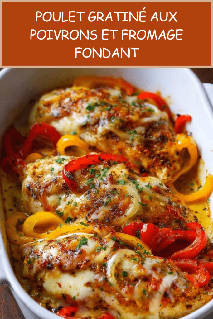 Poulet gratiné au fromage avec poivrons rouges et jaunes fondants dans une sauce crémeuse servi chaud au four
