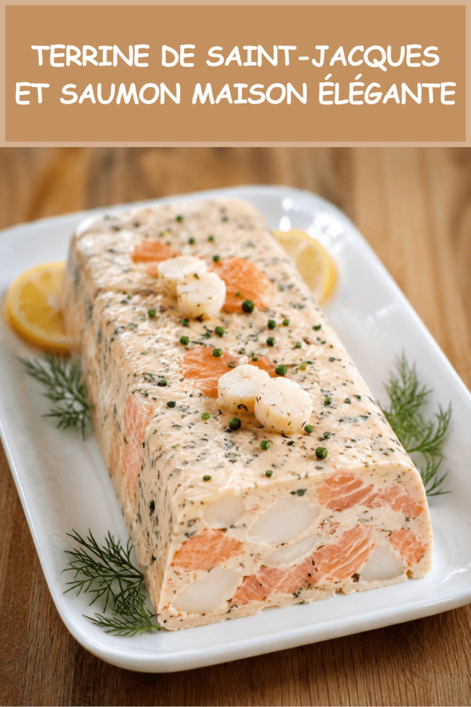 Terrine de saumon et noix de Saint-Jacques tranchée, servie froide avec sauce citronnée et herbes fraîches