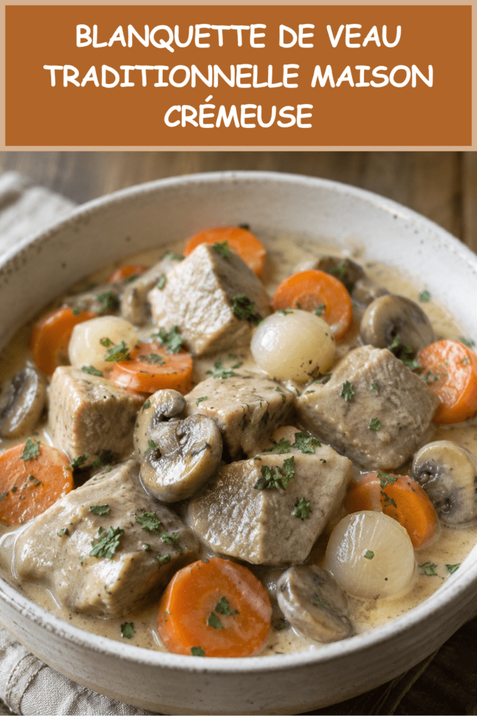 Blanquette de veau crémeuse avec carottes et champignons servie dans une assiette chaude accompagnée de riz