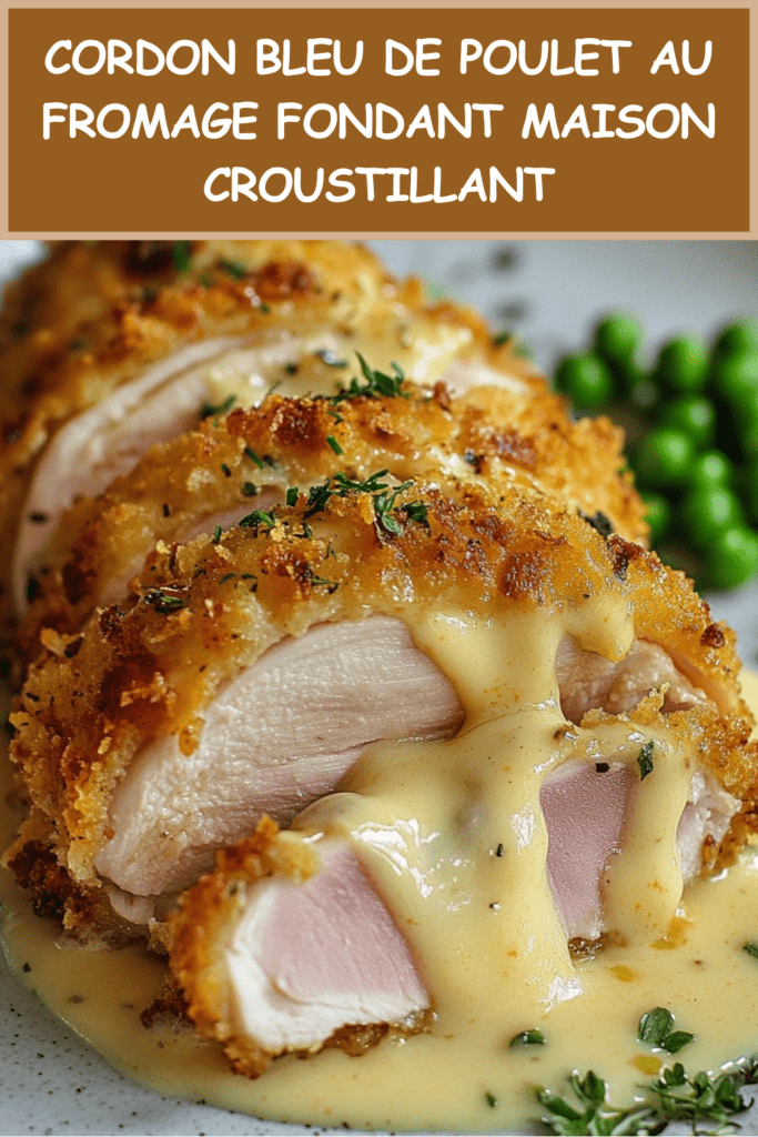 Cordon bleu de poulet doré et croustillant coupé en deux avec fromage fondu coulant et sauce crémeuse au fromage