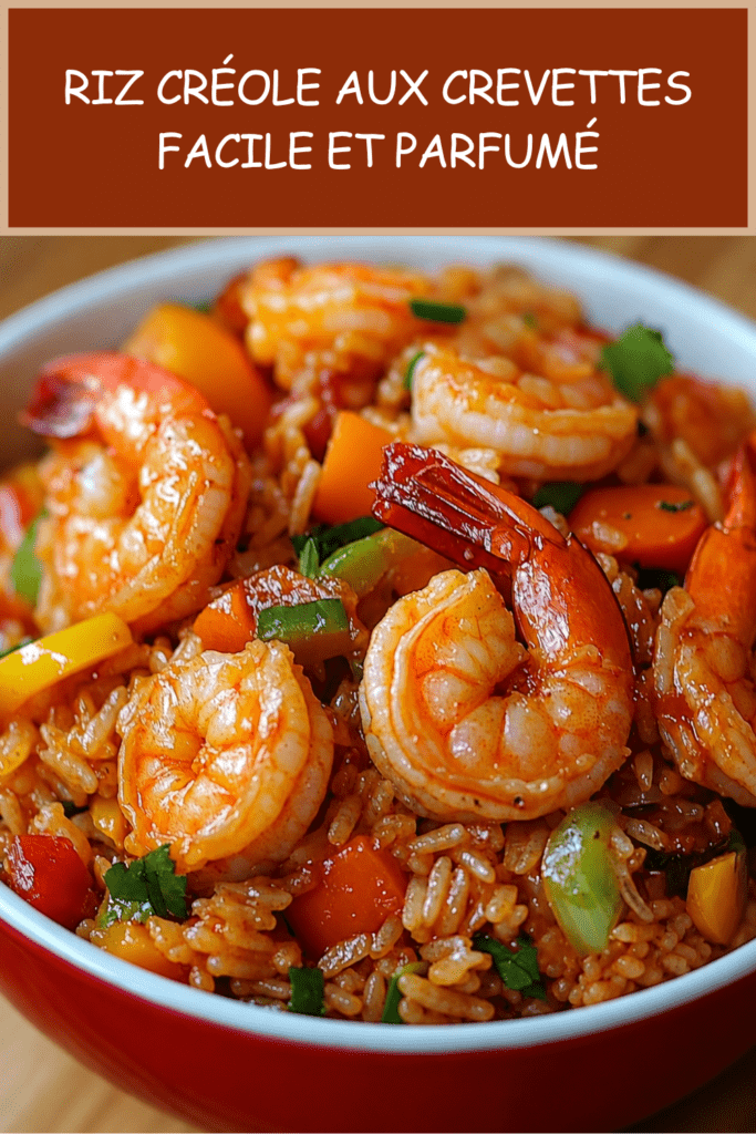 Riz créole aux crevettes servi chaud dans une assiette, avec riz long grain, crevettes roses, poivrons rouges et jaunes, carottes et herbes fraîches.
