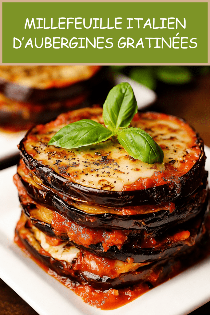 Millefeuille italien d’aubergines gratinées servi dans un plat, avec couches d’aubergines dorées, sauce tomate, mozzarella fondue, parmesan et basilic frais.