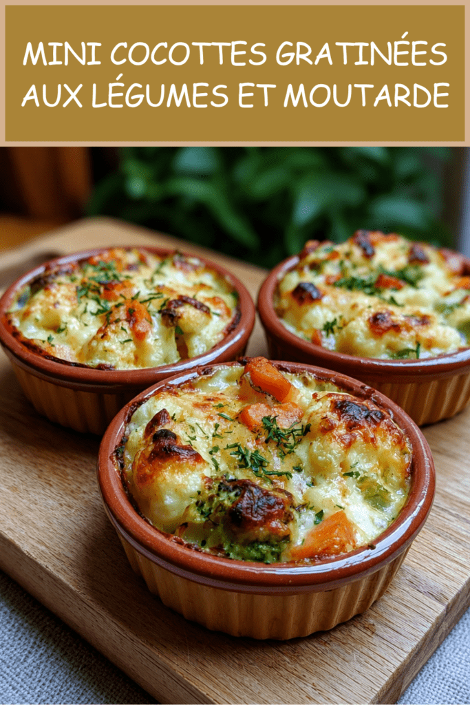 Mini cocottes gratinées aux légumes avec pommes de terre, carottes, brocoli, crème à la moutarde à l’ancienne et fromage doré au four.