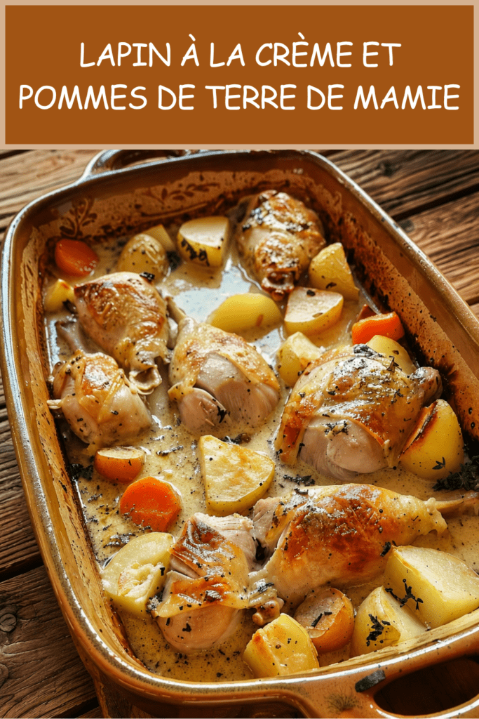 Lapin à la crème servi en cocotte avec pommes de terre fondantes, carottes, sauce crémeuse à la moutarde, thym et laurier.