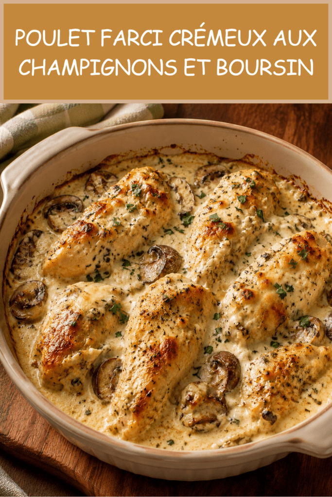 Blancs de poulet farcis au fromage frais ail et fines herbes, nappés de sauce crémeuse aux champignons et gratinés au fromage râpé.