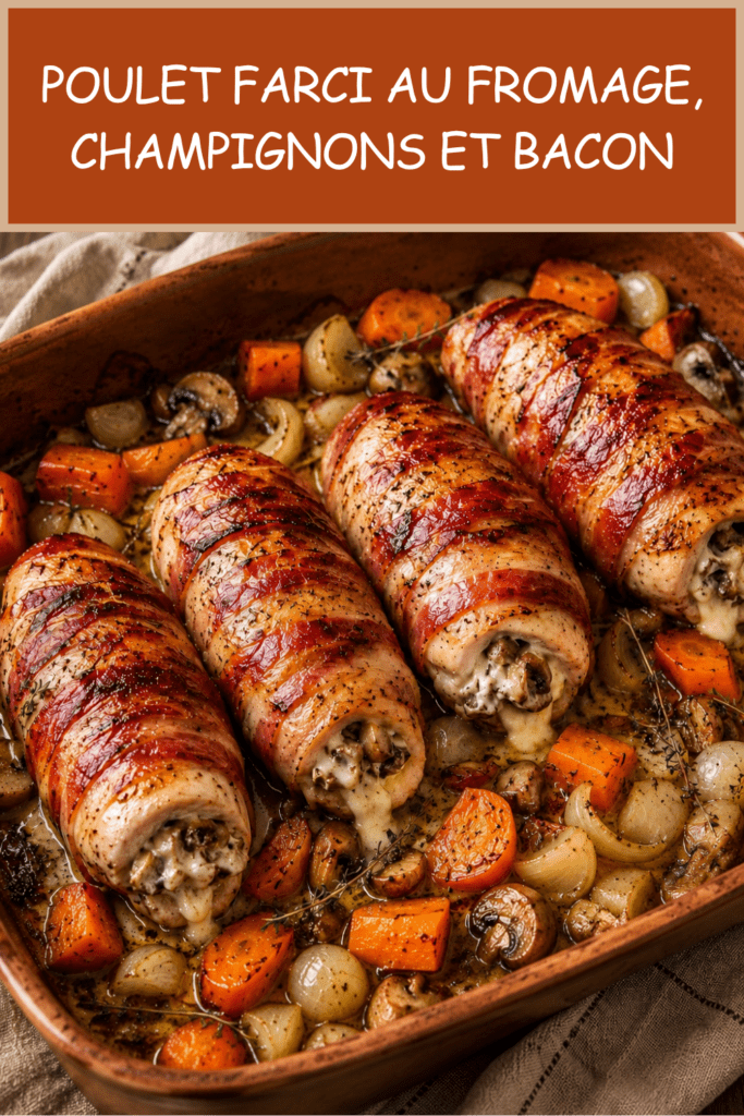 Filets de poulet farcis au fromage fondant et champignons, enroulés de bacon croustillant, servis avec carottes, oignons et champignons rôtis.