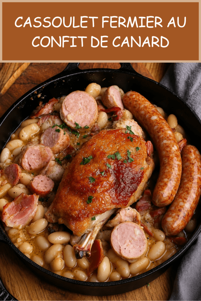 Cassoulet fermier servi en cocotte avec haricots blancs fondants, cuisses de confit de canard dorées, saucisses de Toulouse, lardons et persil frais.