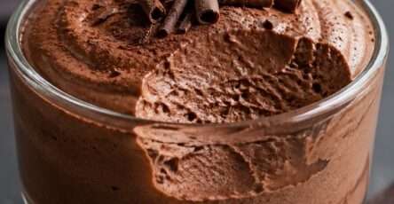 Verrines de mousse au chocolat noir intense, texture légère et aérienne, décorées de copeaux de chocolat sur le dessus.