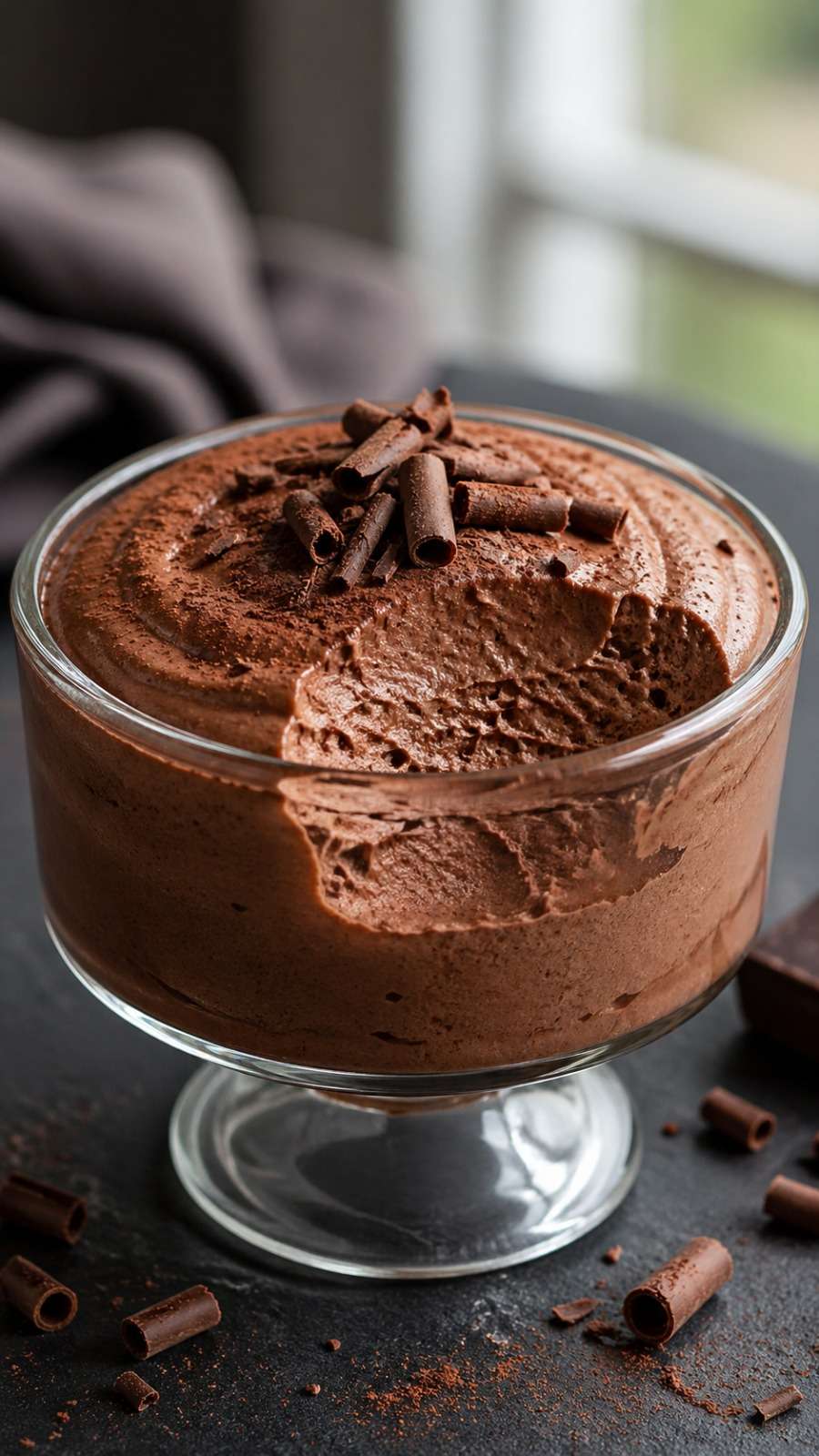 Verrines de mousse au chocolat noir intense, texture légère et aérienne, décorées de copeaux de chocolat sur le dessus.
