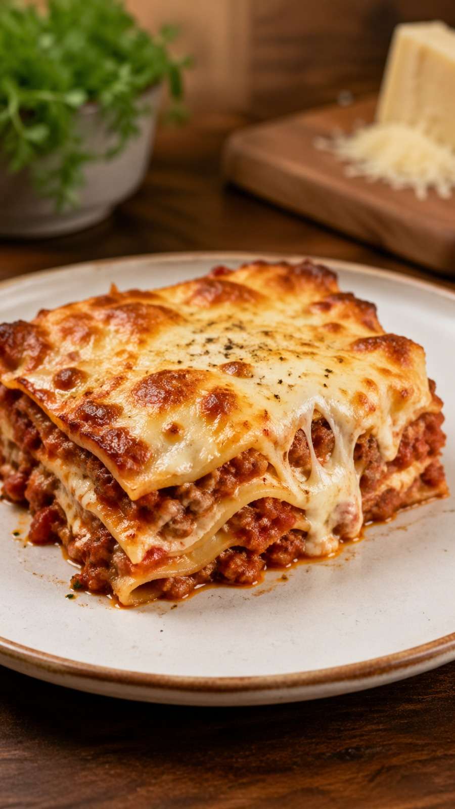 Lasagnes maison fondantes et gratinées servies en part généreuse, avec sauce tomate à la viande, béchamel crémeuse et fromage doré.