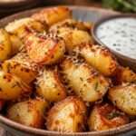 Pommes de terre croustillantes au parmesan servies bien dorées, avec une texture croquante, du persil frais et une surface gratinée.